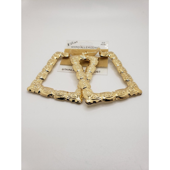 Rectangle bamboo gold earrings - Picture 5 of 5